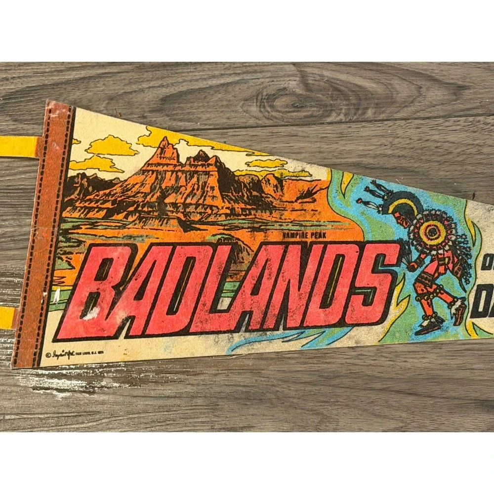 Vintage 1970 Badlands South Dakota Souvenir Pennant Cedar Pass Lodge Bison Impko